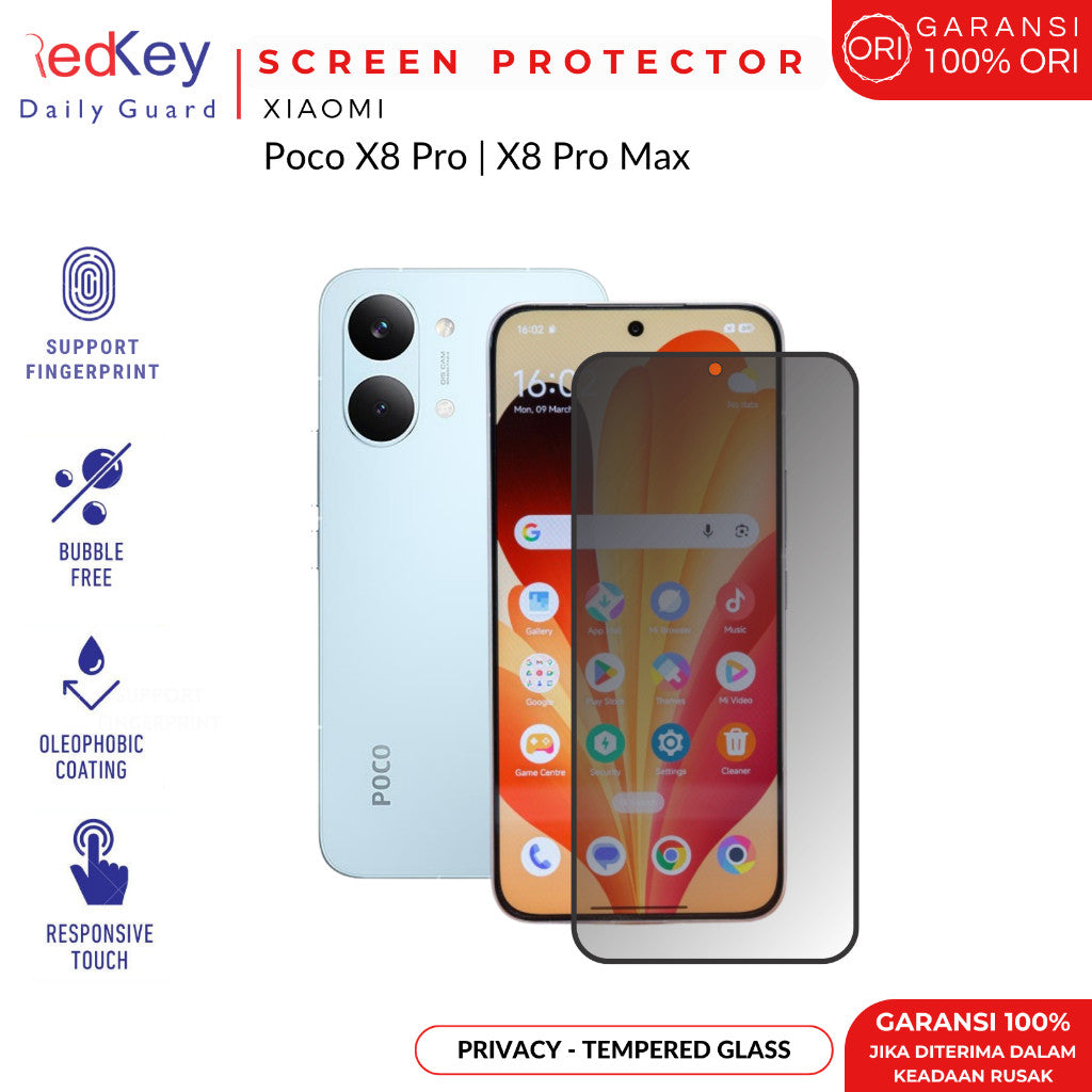 Redkey Privacy Tempered Glass Xiaomi Poco X8 Pro Max 5G Premium Anti Spy Anti Gores Layar kaca