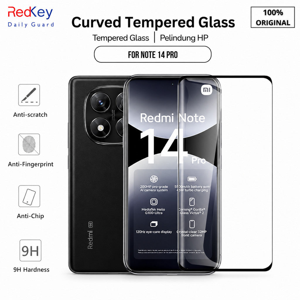 Redkey Tempered  Glass Curve Redmi Note 13 14 15 Pro Plus 5G - Premium Anti Gores Kaca  Full Cover