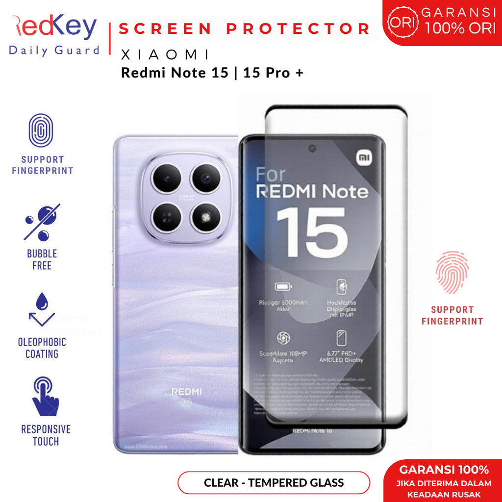 Redkey Tempered Glass For Redmi Note 15 Pro Plus 5G - Full Cover Curve Clear Anti Gores Layar