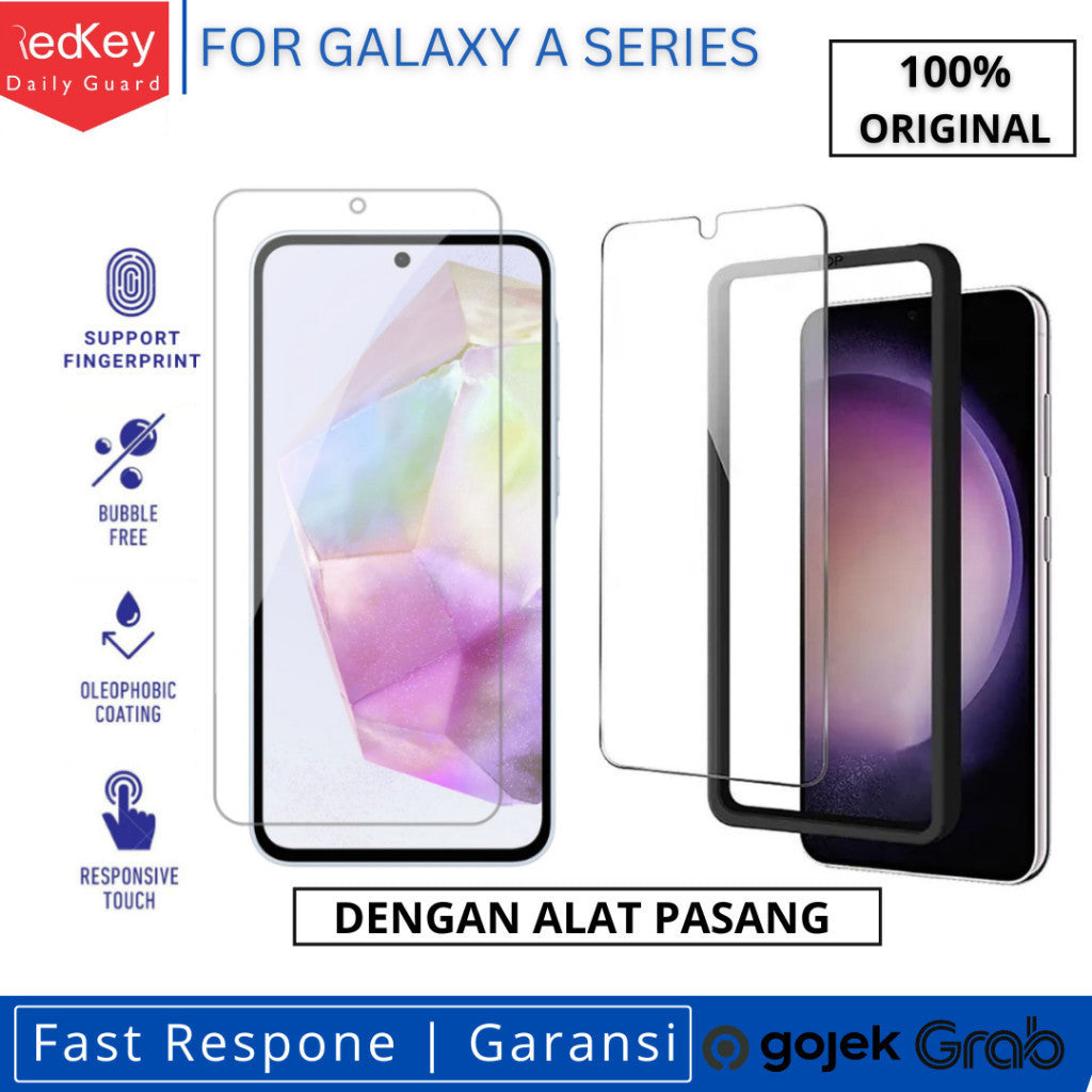 Redkey Tempered Glass Dengan Alat Bantu Pasang Untuk Samsung Galaxy A15 A25 A35 A16 A26 A36 A56 5G  Clear Premium Anti Gores Layar